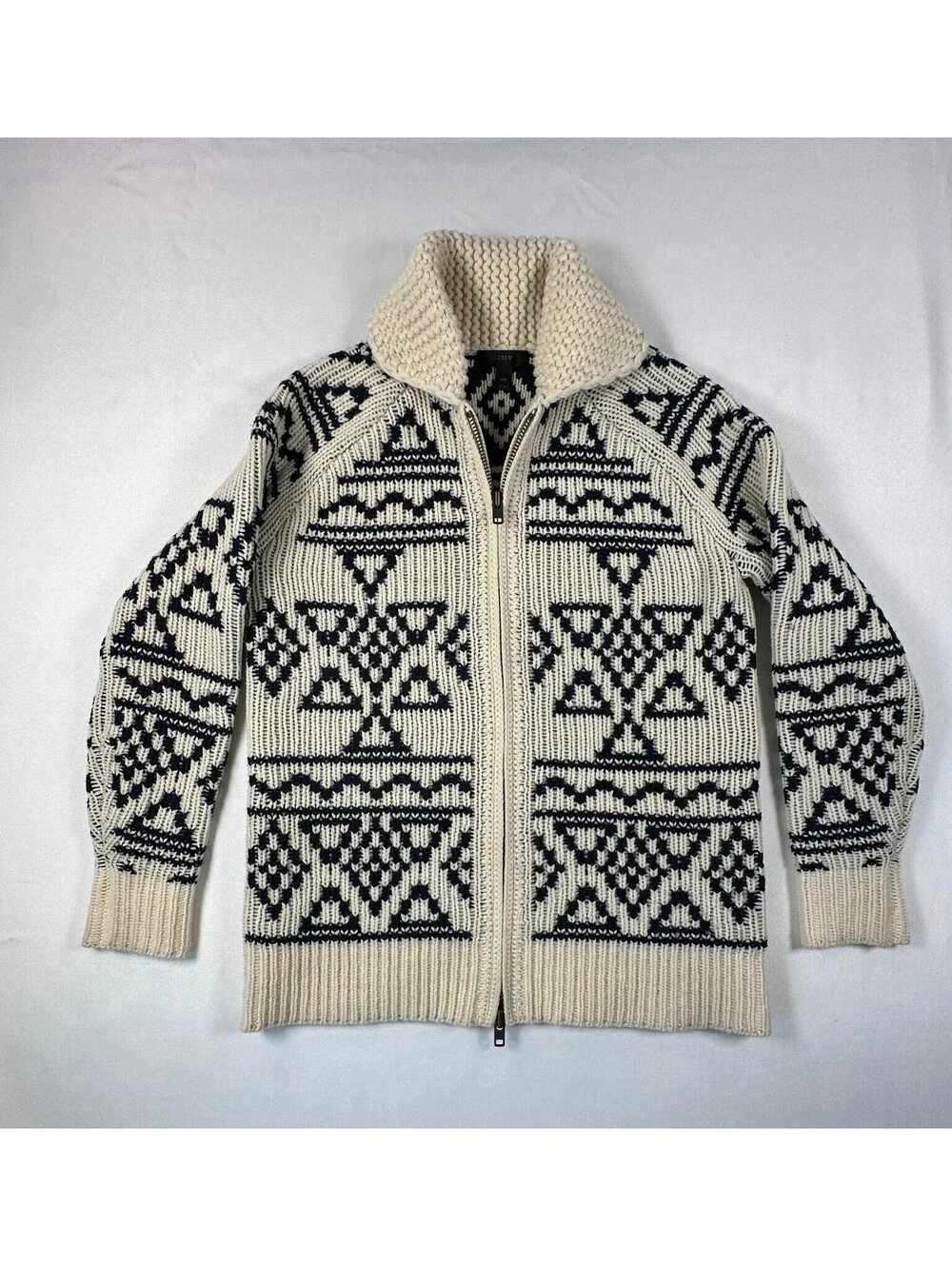 J. Crew 100% Lambswool Full Zip Cardigan XXS Cream Navy Geometric Cowl Sweater